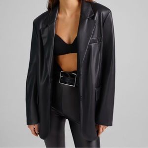 Bershka oversized faux leather blazer in black
